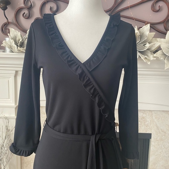 Joe Fresh Black Dress, Faux Wrap Neckline with Ruffle Detail, Belted, XS - Picture 4 of 12